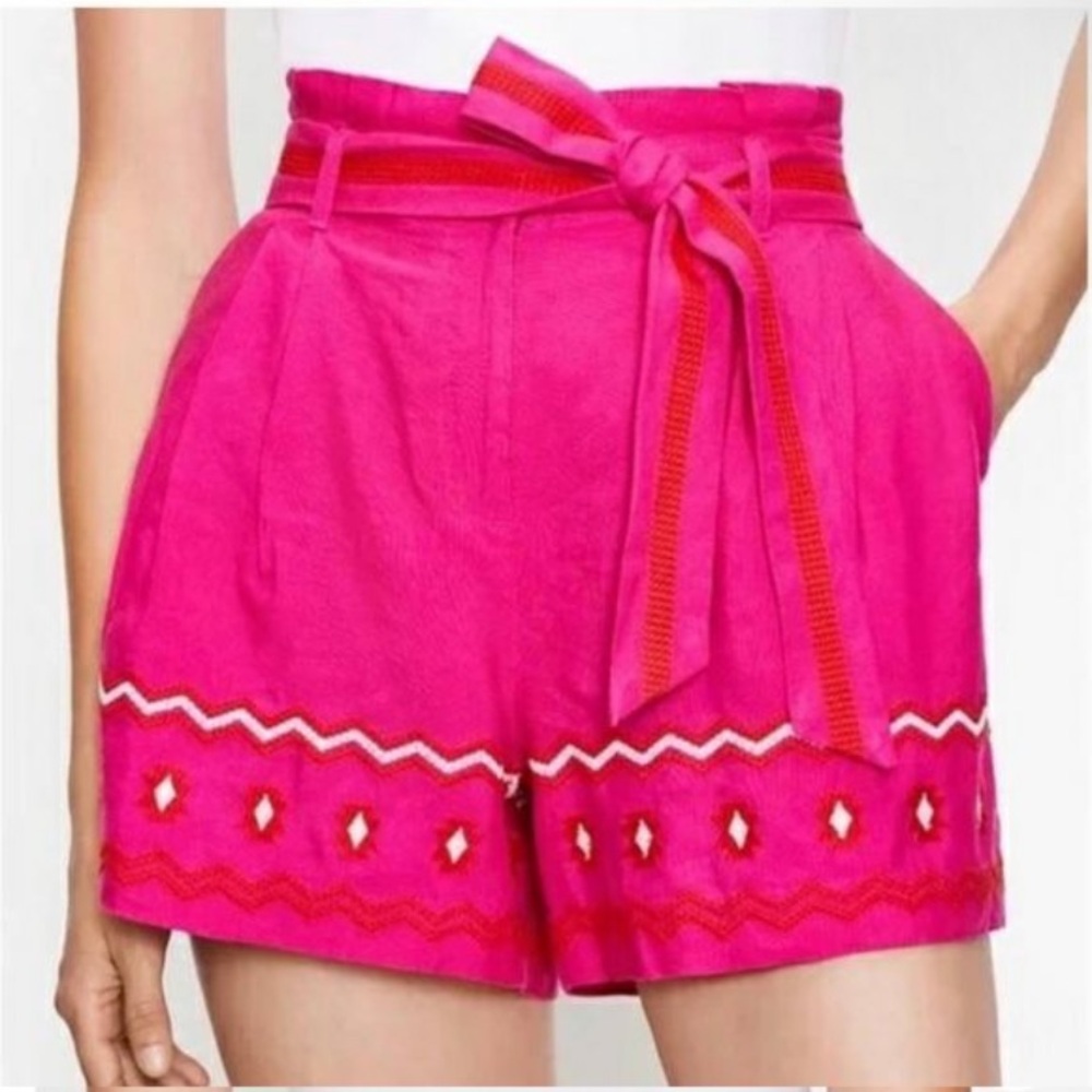 LOFT Linen Aztec High Waisted Belted Paper Bag Embroidered Shorts Pink Red White - Picture 3 of 13